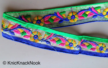 Indian Embroidered Sheer Trim In Yellow Floral Embroidery, Approx. 45mm Wide, Sari Border